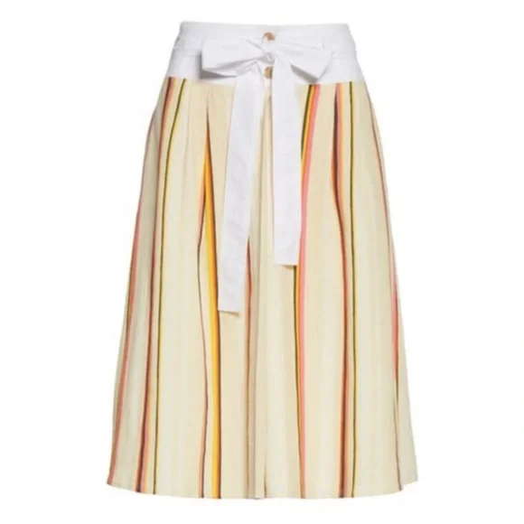 Tory Burch Yellow Cream Midi A-Line Skirt with Pleats and Tie Front - Picture 1 of 8